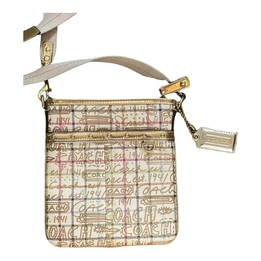 COACH Script Signature Graffiti Small Crossbody Bag Khaki Metallic Canvas Y2K